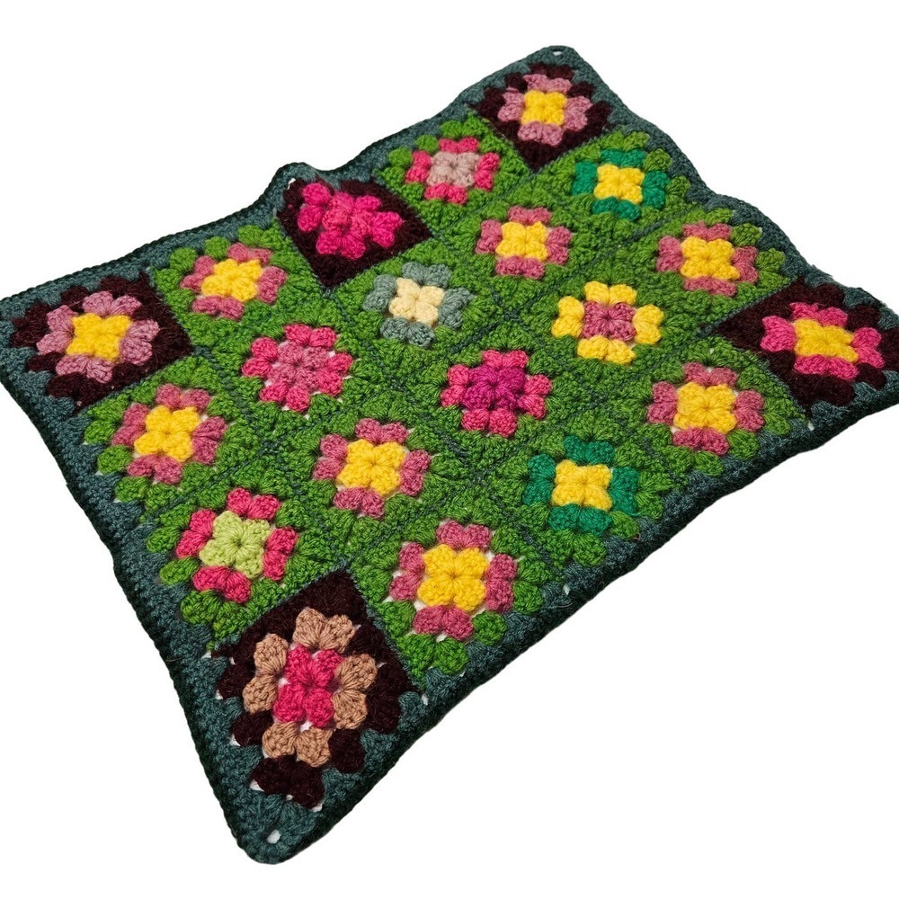 Granny Square Doll Sized Blanket Hand Crochet Green‎ Pink Yellow